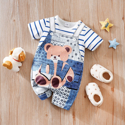 Baby Clothes Cute Cartoon Bear Fake Shoulder Strap Comfortable And Soft 0-18 Boys And Girls Summer Short Sleeved Baby Jumpsuit