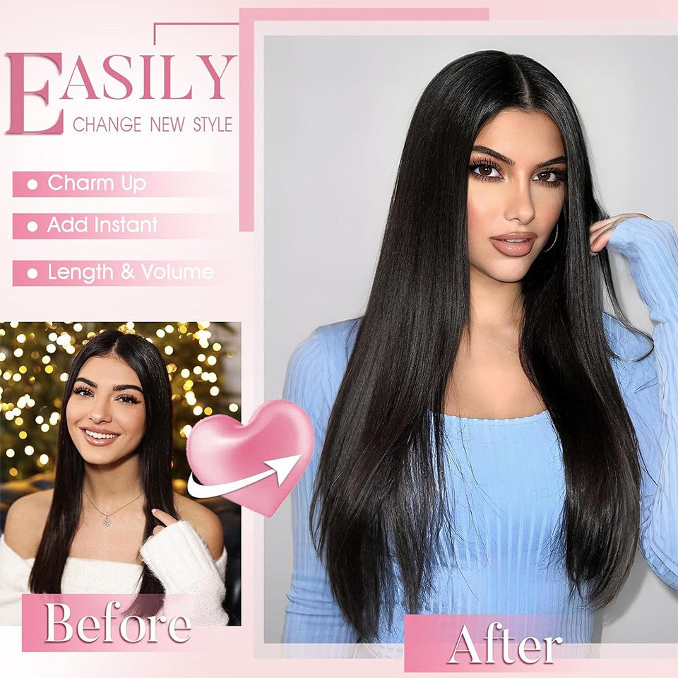 Peruca Sintética de 14 Polegadas com Quatro Peças Extensão de Cabelo Liso Peruca com Presilha Estilo BB Adequada para Mulheres Natal Ano Novo Carnaval Música