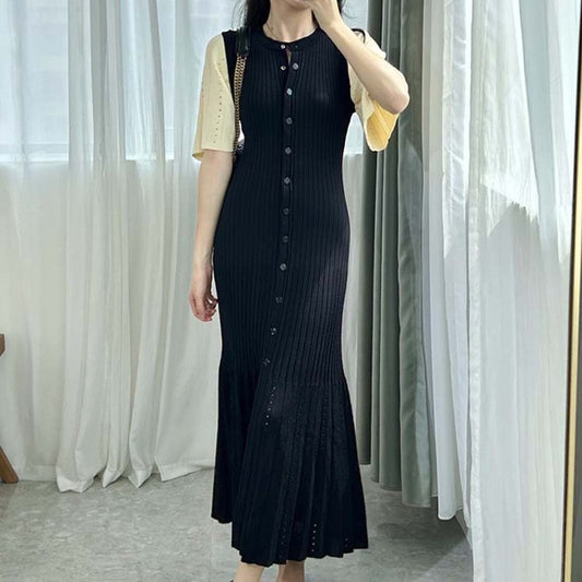 Summer-style fashionable openwork French slimming A-line short-sleeved knitted d