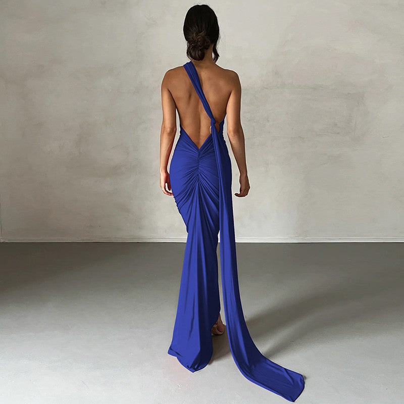 Hugcitar One Shoulder Backless Adjustable Scarf Loop Ruched Sexy Maxi Dress Wome