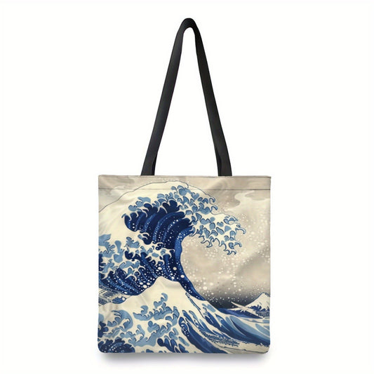 Great Wave Off Kanagawa Inspired Tote Bag Retro Ocean & Sailing Boat Design Reusable Shopping Shoulder Bag Japanese Art