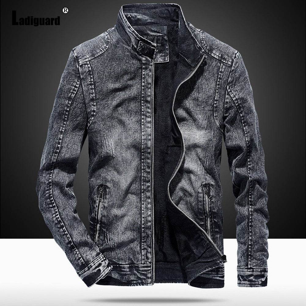 Garmenting Men Demin Jackets Trendy 2021 Autumn Winter Mandarin Collar Outerwear Zipper Up Demin Jacket Slim Fitted Male Clothes