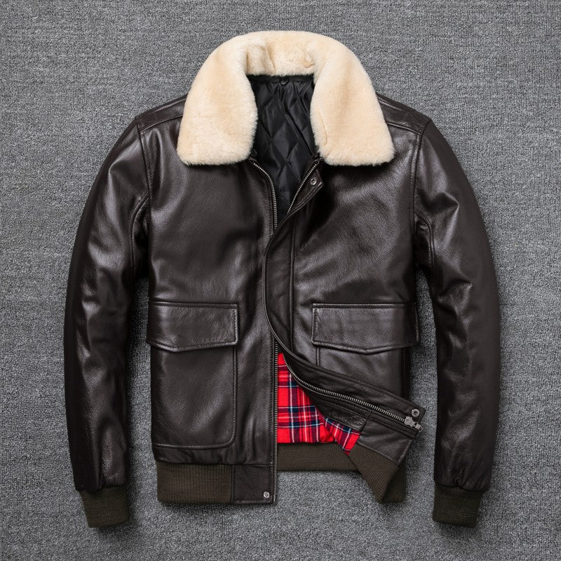 Air Force Flight Jacket Fur Collar Genuine Top Layer Cow Leather Jacket Men Black Brown Cow Coat Men's Winter Jacket ?? ??