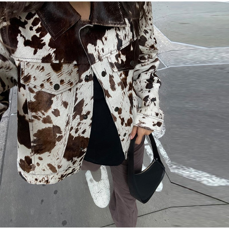 Fashion Women's Cow Print Jacket Lapel Collar Short Length Zipper Button Coats 2025 Autumn Winter Female Trendy Warm Outerwear