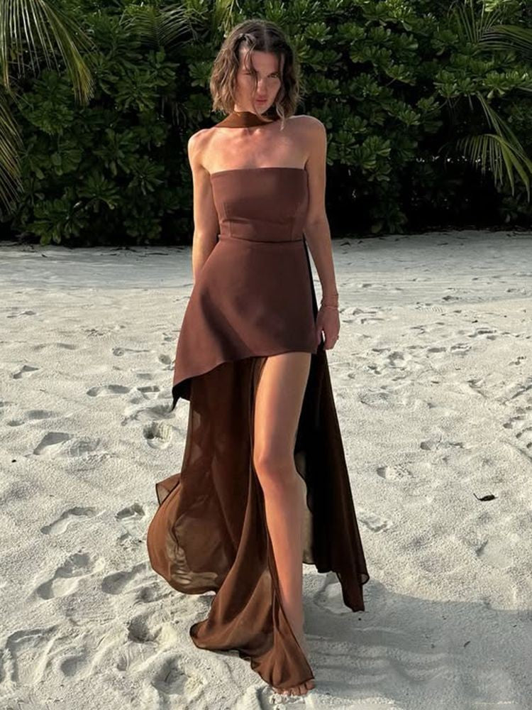 TARUXY Fashion Strapless Dress With Ribbon Female Elegant Sleeveless Mesh Beach