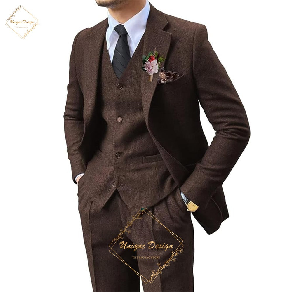 Premium Men's Suits 3 Piece Jacket Vest Pants Brown Wedding Tweed Herringbone Retro Vintage Tailored Fit Single Breasted Tuxedo