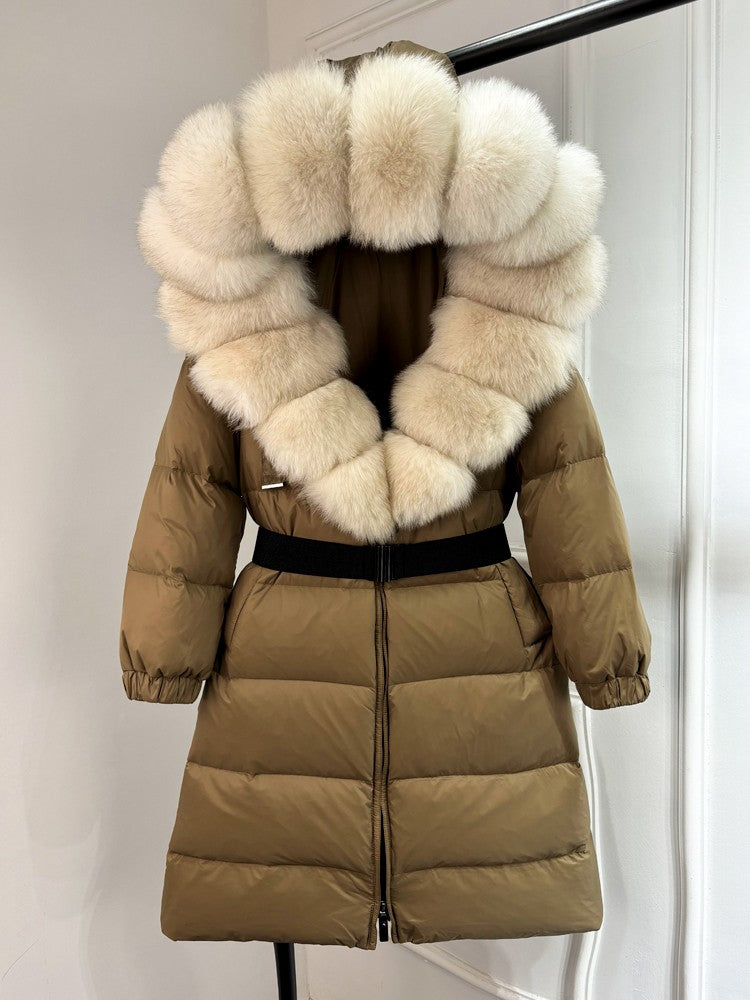Janveny New Natural Thick Warm 90% White Duck Down Coat Long Winter Jacket Women Real Big Fox Fur Collar Belt Loose Puffer Parka