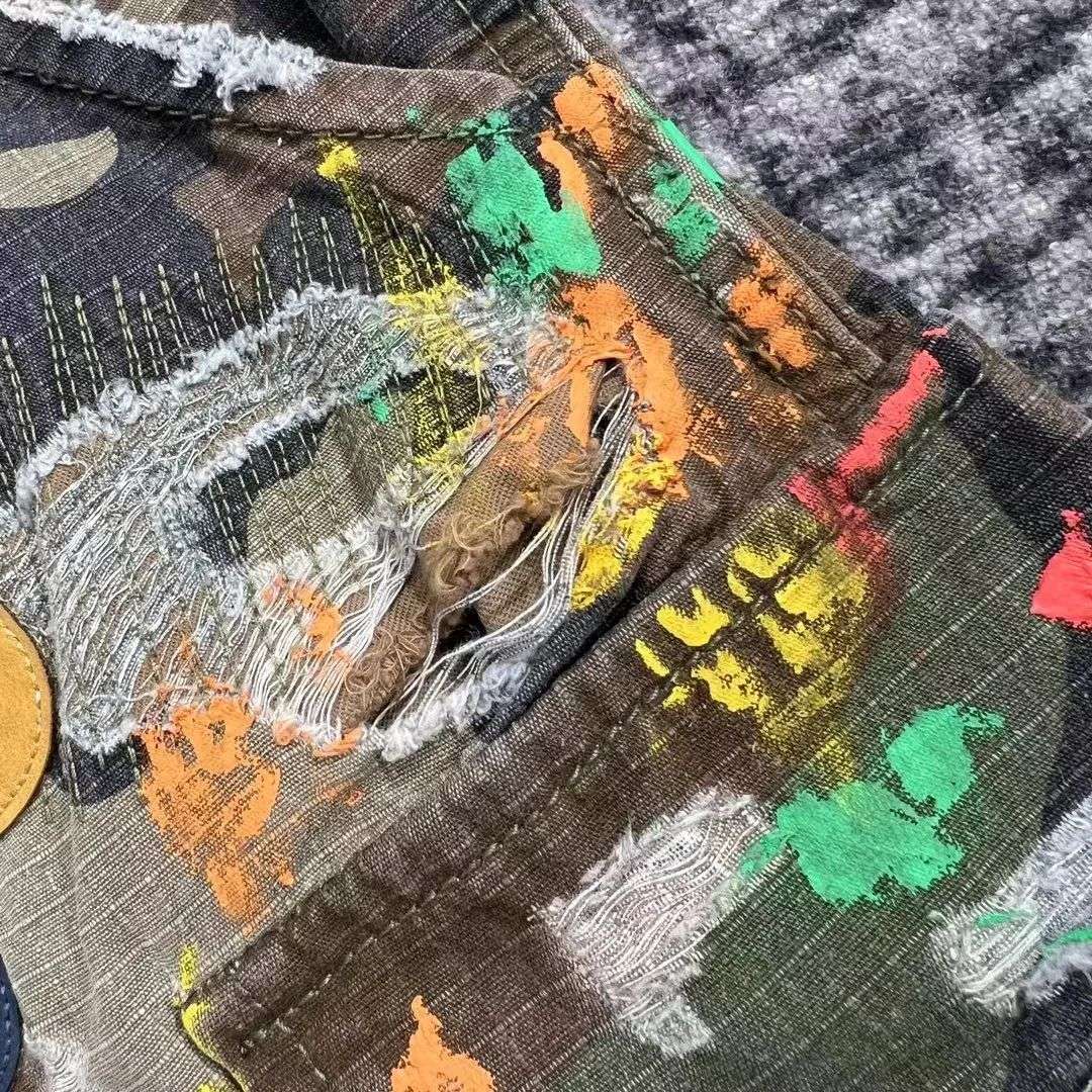 Retro Camouflage Cargo Denim Shorts Y2K Jeans Mens Pocket Embroidery Baggy Shorts Low Waist Over The Knee Pants Casual Shorts