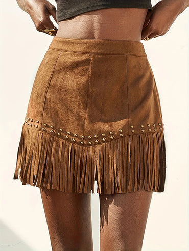 2025 European and American Style Elegant Vacation Style Women's Clothing Suede Fringed Rivet Design Short Skirt Suede