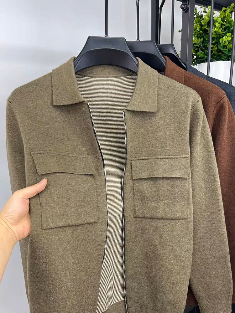 Premium Zipper Collar Wool Cardigan Men's Casual Coat Autumn/Winter Luxury Pocket Design Solid Color Casual Warm Sweater Jacket