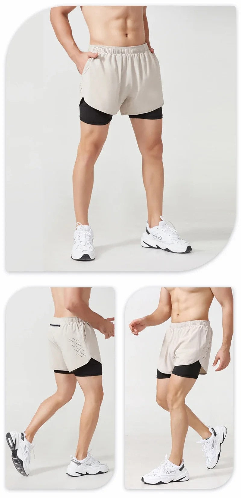 Men Fitness Built-in pocket sports Shorts Summer 2 In 1 Quick Dry Gym Beach shorts Running Double-deck Shorts Outdoor sweatpants