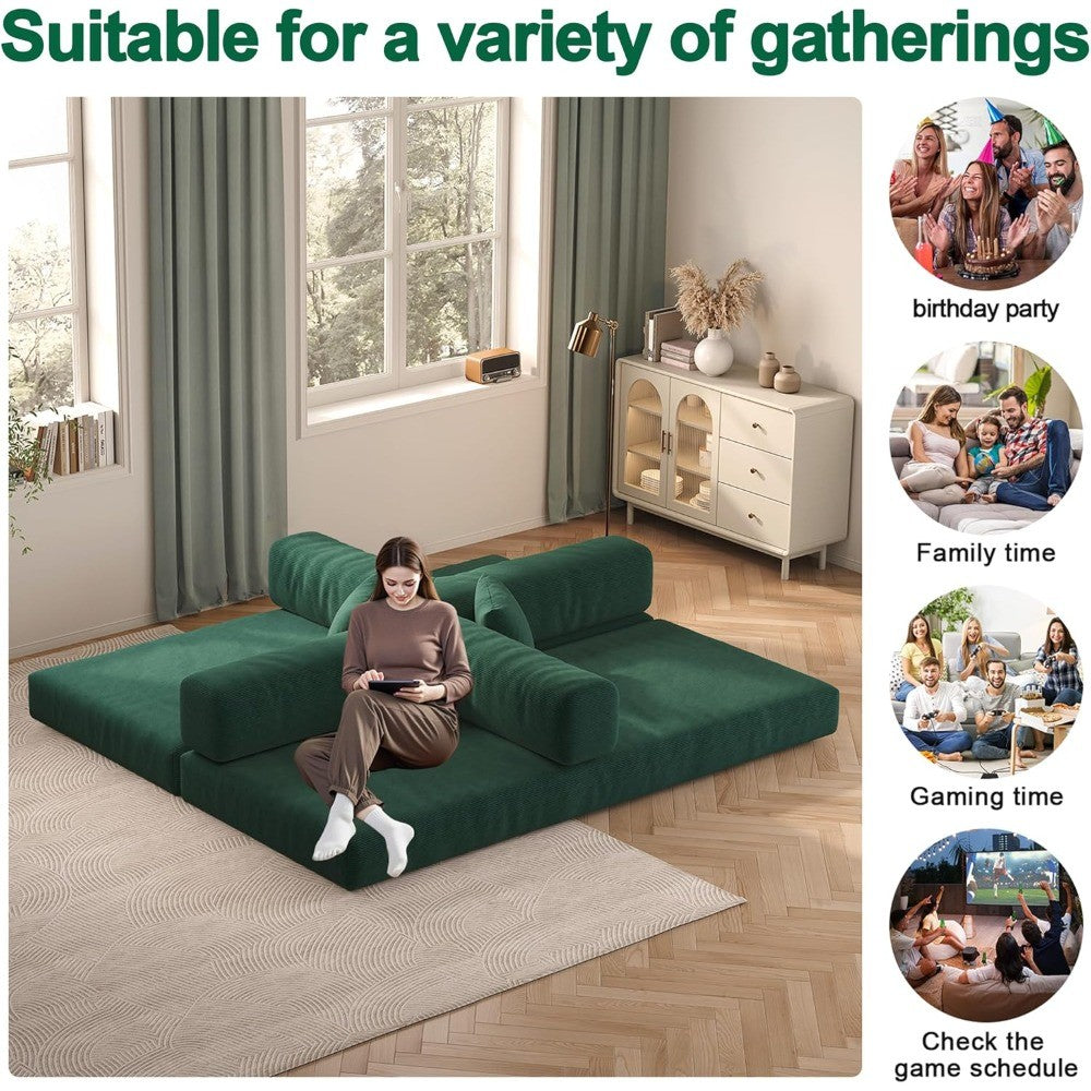 79" Convertible Sofa Bed with Pillows, Corduroy Folding Sleeper Sofa with Fixed-Shape Frame, Boneless Couch for Living Room