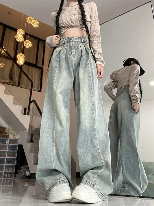 Vintage Light Blue Rugged Jeans Women's Loose-fit High-waisted Slimming Straight-leg Denim Trousers New Autumn Collection