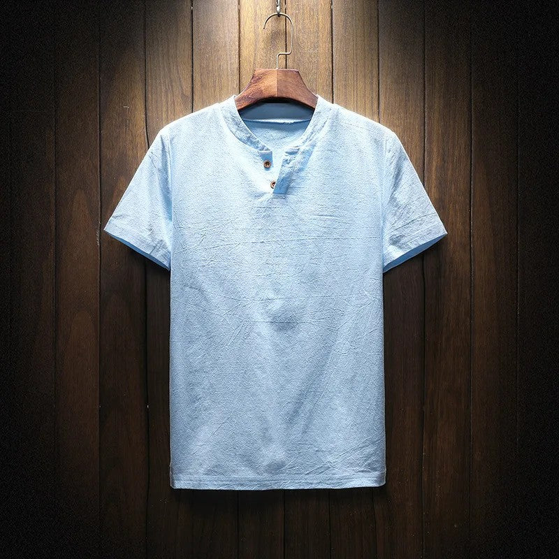 Men's Summer Loose-fit Short Sleeve Linen T-shirt Cotton Linen Body Solid Color Breathable V-neck Thin Top