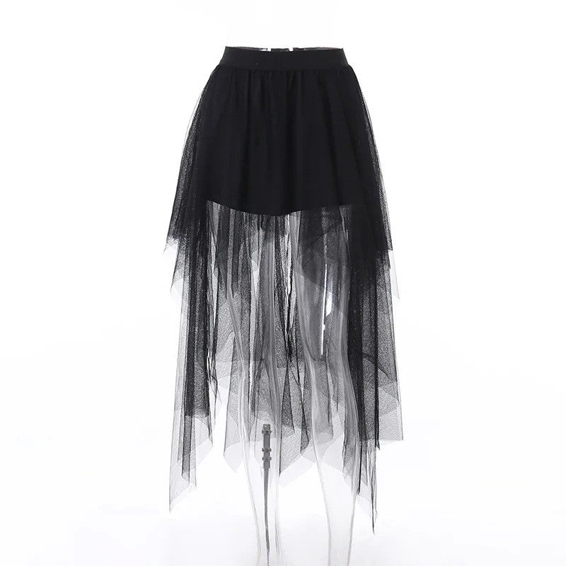Sexy Net Yarn High-Waisted Irregular Skirt for Women Summer New European and Ame