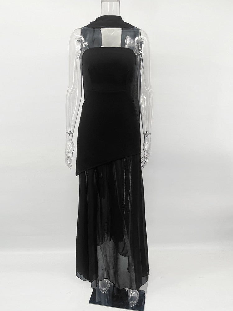 TARUXY Fashion Strapless Dress With Ribbon Female Elegant Sleeveless Mesh Beach