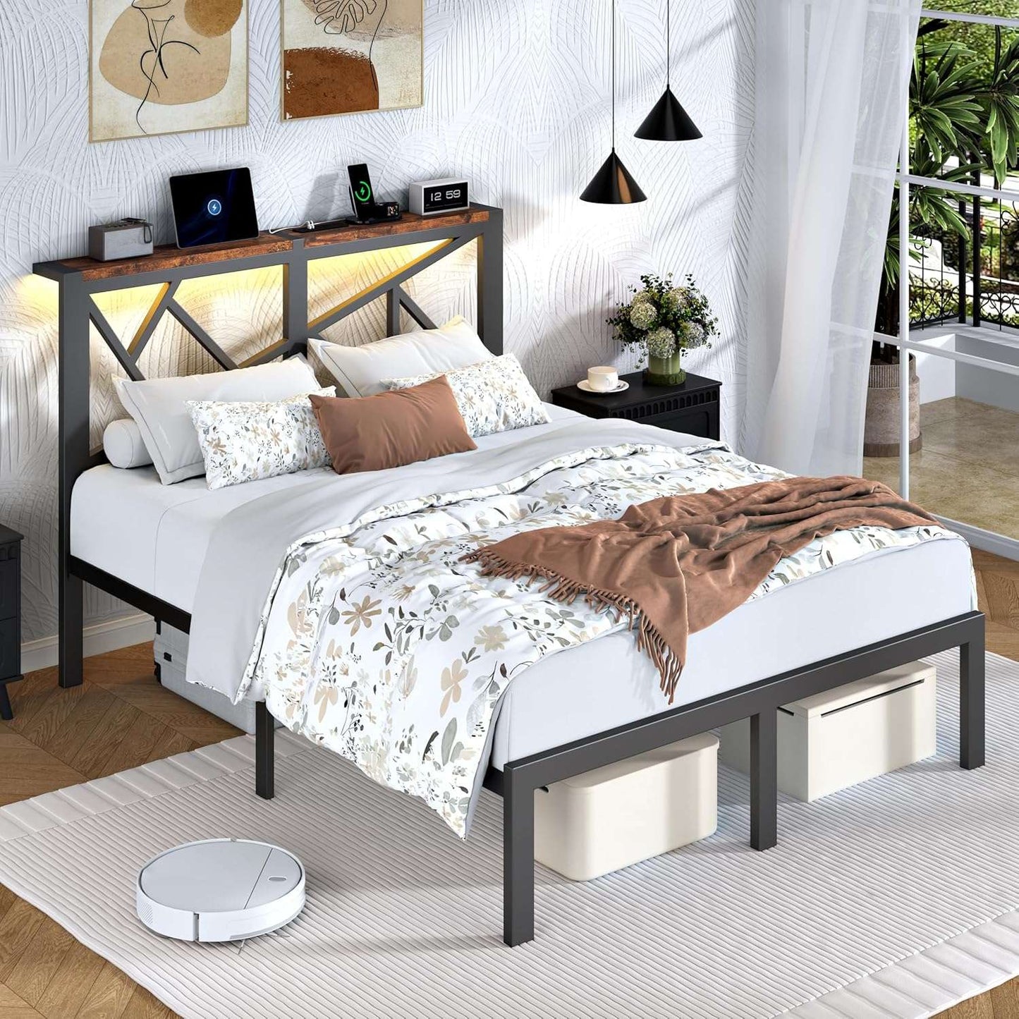 Full Size Metal Bed Frame with LED Lights, Storage Headboard with Charging Station, Modern Full Platform Bed with Heavy