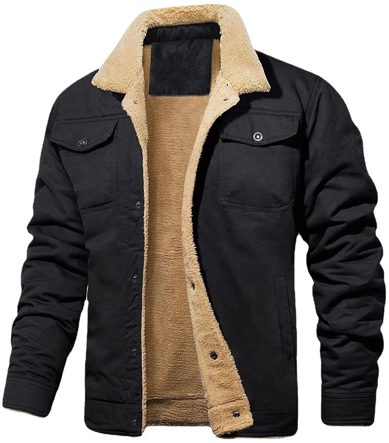 New Winter Men's Bomber Jacket High-quality Plush Thicken Wool Cargo Jackets Lapel Button-up Thick Warm Coat for Men Outwear 5XL