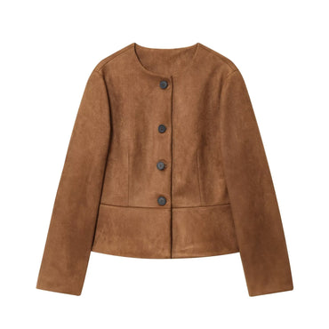 NERHEFZ Autumn Women Leather Jacket with Flared Hem Long Sleeve O Neck Button Jacket Causal Lady Coats Female Tops