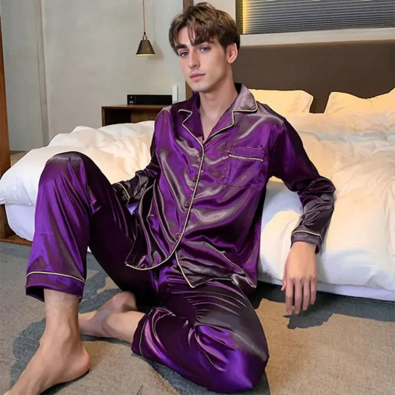 Men Pajama Sets Microfiber Sleepwear For Sleeping Man Shirt Satin Long Sleeve Pyjamas Male Home Night Wear Big size Loungewear