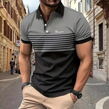 Summer Men's Stripe Print Polo Shirt Short Sleeve Turn-Down Collar Button Tshirts &for Men Casual Streetwear New Male Tops