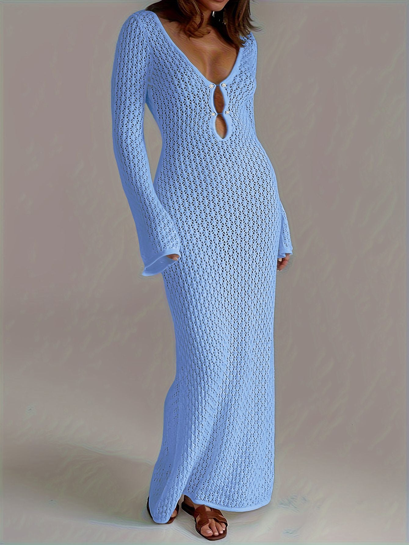 Sexy Women White Long Knit Sleeve Bikin Fashion Cover up Female See-Through Deep