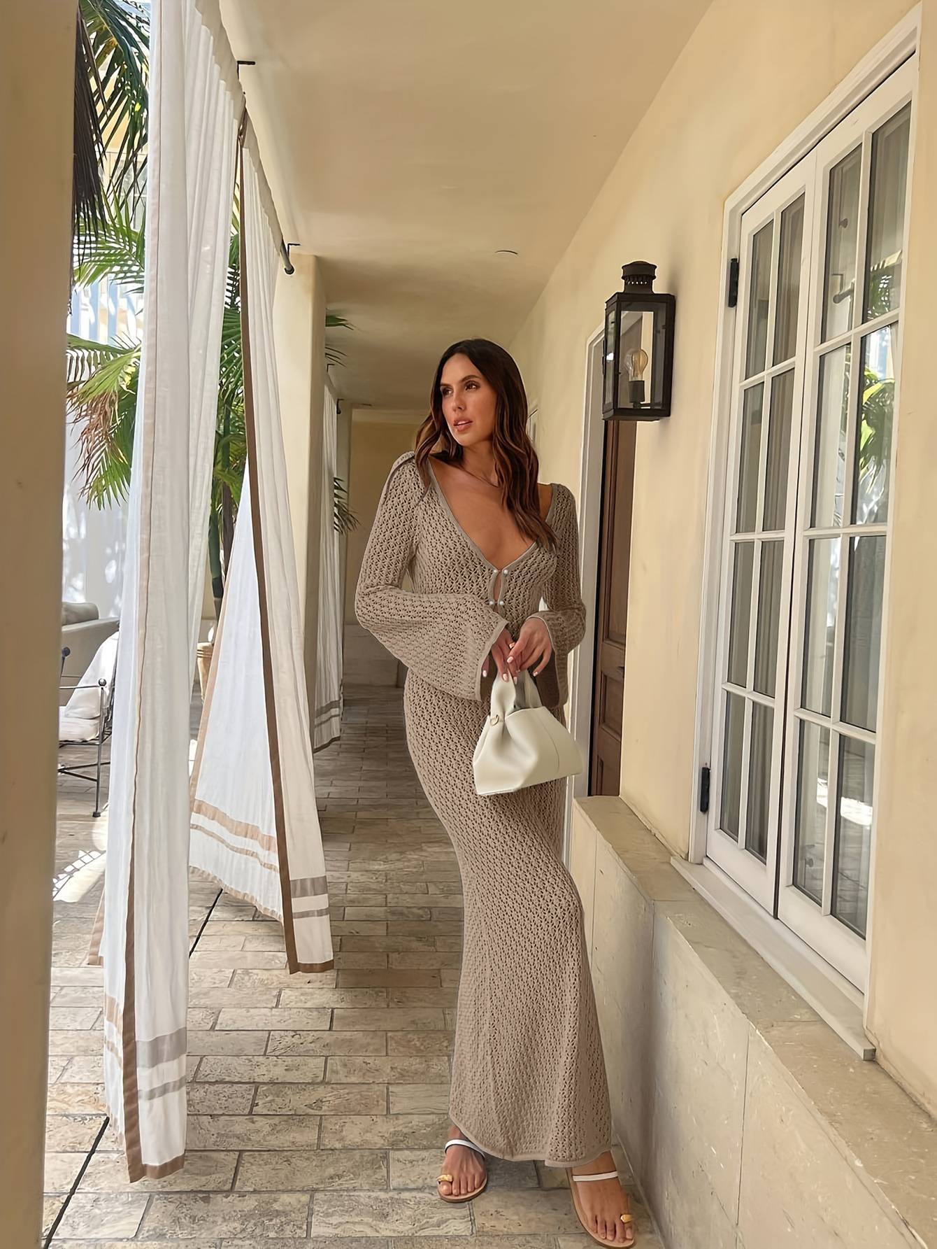 Sexy Women White Long Knit Sleeve Bikin Fashion Cover up Female See-Through Deep