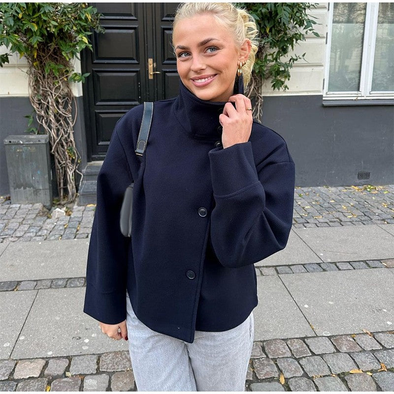 Fashion Stand Collar Solid Short Coat Women Casual Solid Single Breasted Loose Fit Coat 2025 Winter Chic Windproof Jackets