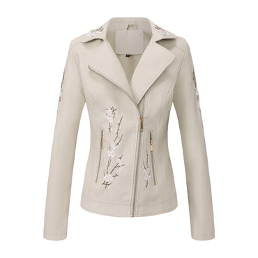 New Fall Women's Black Embroidered PU Jacket, Street-Style Brown Faux Leather Coat, Fashionable Beige Long Sleeves Top.