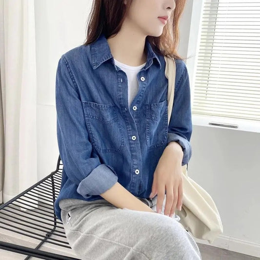 Autumn 2025 New Denim Shirts And Blouse For Women Korean Style Long Sleeve Top Blue Or Sky Blue Color Jeans Elegant Blouses