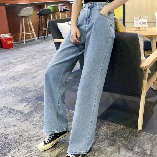Calça Jeans Feminina de Cintura Alta Soltinha Que Modela o Corpo Elegante na Moda Drapeada Reta Boca de Sino