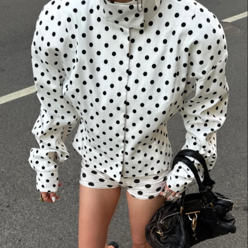 Polka Dot Stand Neck Short Jackets Women Fashion Long Sleeve Patchwork Contrast Slim Coats Casual Lady Street Commute Outerwear