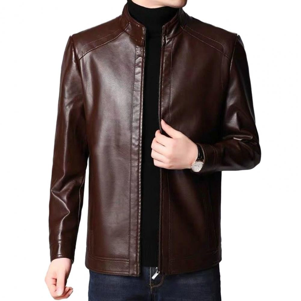 Men Faux Leather Jacket Men's Faux Leather Motorcycle Jacket with Stand Collar Thick Warm Lining Windproof Design for Autumn