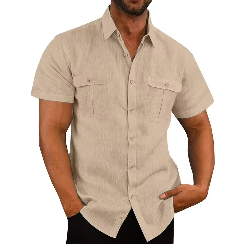 Cotton Linen Hot Sale Men's Short-Sleeved Shirts Summer Solid Color Turn-down collar Casual Beach Style Plus Size