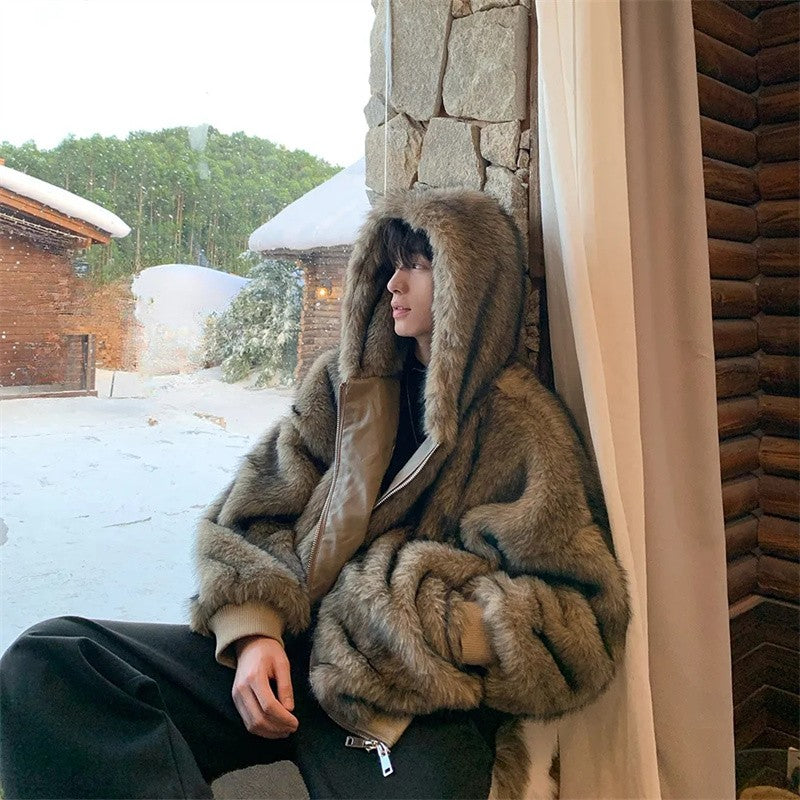 Pi Shuai Coat 2024 Winter Autumn/Winter New Men New Style Fox Imitation Fur Coat Leather Fashion Loose Thick Warm Coat Commuter