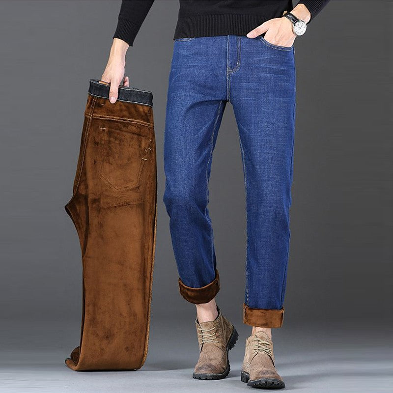 Men New Winter Warm Jeans Male Fleece Lined Thickened Denim Pants Loose Straight Cold Protection Casual Breathable Trousers