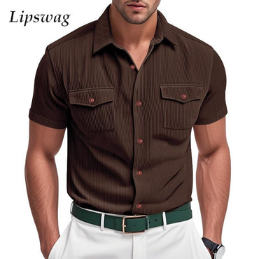 Fashion Ribbed Textured Corduroy Cargo Shirt Men Summer New Casual Solid Color Buttoned Shirts Mens Leisure Short Sleeve Shirts