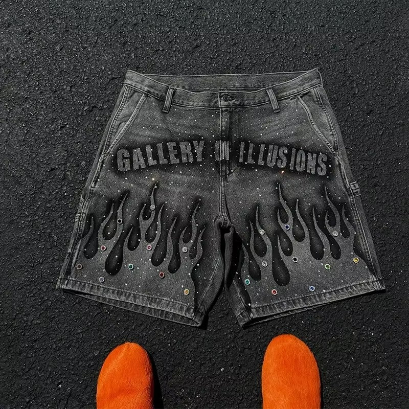 Y2K Fashion Distressed Hand Painted Vibrant Red Flame Pattern Gemstone Decoration Blue Denim Shorts Men Women Casual Streetwear