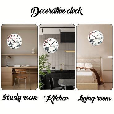 Chinese Landscape Wooden Round Silent Hanging Wall Clock, Suitable For Living Room, Office, Study Room, Bedroom, Home Decoration