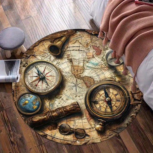 Vintage Map Compass Adventure Theme Round Rug Travel Explorer Style Ancient World Map Decorative Floor Mat for Study