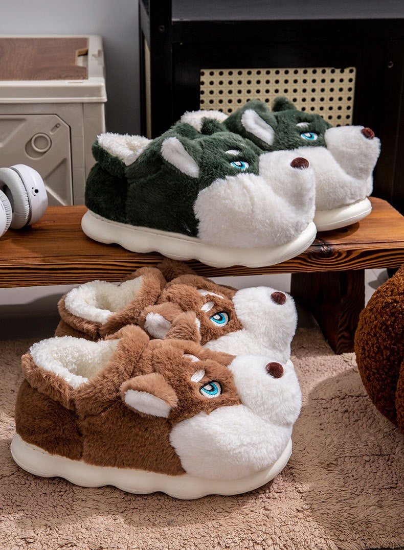 Women Indoor Cotton Slippers Cute Cartoon Dog Winter Warm Shoes Couples Home Floor Slides Anti-slip Female Male House Footwear