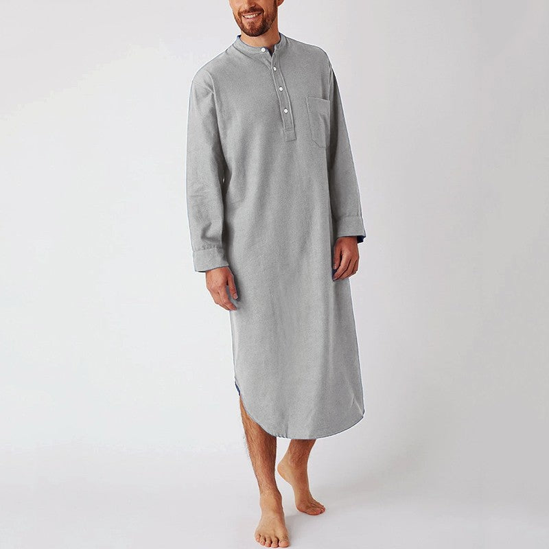 Men's Cotton Button-down Sleep Robe Solid Color Stand Neck Long Sleeve Nightgown Fashion Comfortable Home Wear Loose Bathrobe
