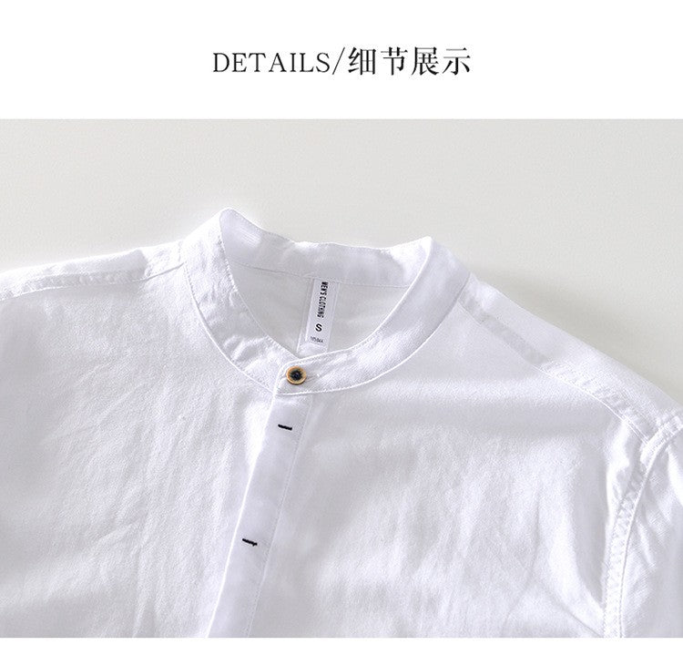 2024 Men's Linen Long-sleeved Shirt with Stand Collar, Youth Casual Loose Men's Cotton and Linen White Shirt.Beach Vacation Top