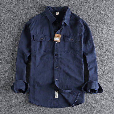 American European Vintage New Fashion Men's Solid Color Long Sleeve Cotton Casual Trendy Loose Cargo Shirts Male Pocket Clothes