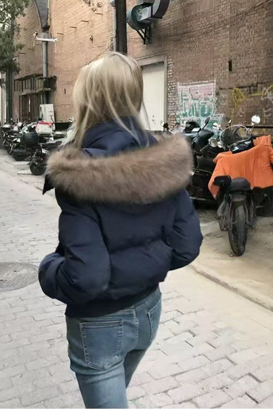South District Fiona Women's Winter Jacket Navy Blue Cotton Short down Coat with Detachable Hood And Fur Collar
