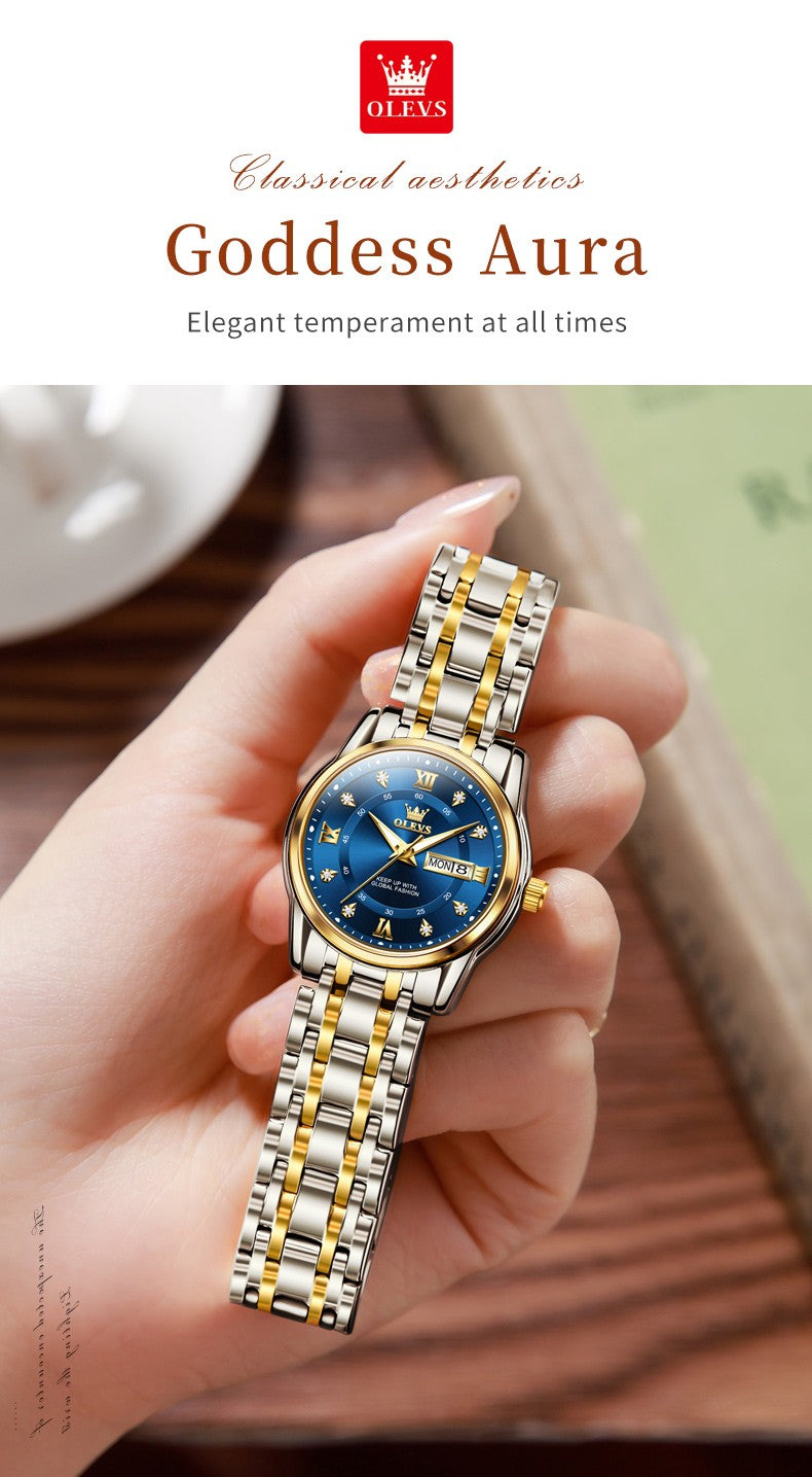 OLEVS 5513 Fashion Ladies' Watches Elegant Stainless Steel Waterproof Quartz Watch for Women Weekly Calendar Luminous Wristwatch