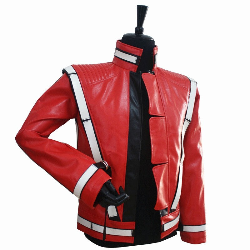 2016 Punk Novelty Rare Cool Men Red MJ Michael Jackson Thriller Open Stitch Vocal Concert Leather Fashion Jacket Outwear