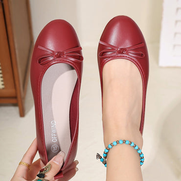 Women's Elegant Red Ballet Flats Spring Summer New Versatile Low Top Comfort Soft Lightweight Bow Detail Slip On Work Shoes