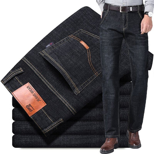 Autumn Spring Business Jeans Men Casual Comfortable Straight Denim Pant Stretch Fashion Classic Soft Premium Blue Black Trousers