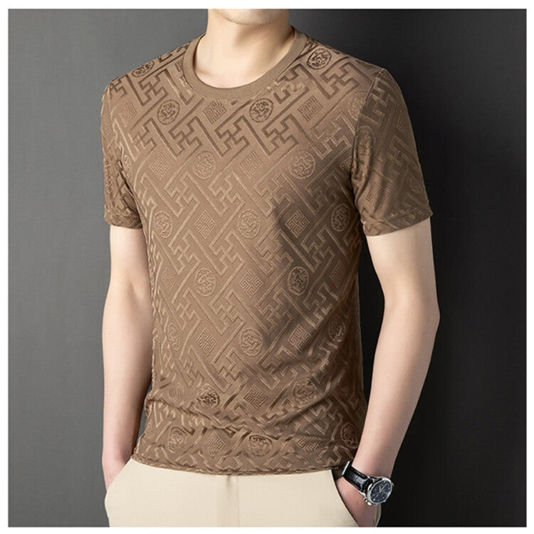 2024 Summer Ice Silk Men's Jacquard Short Sleeve T-shirt High end Brand Fashion Jacquard Cool Breathable Casual Round Neck Top
